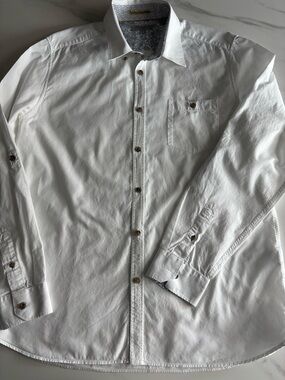 Ted Baker White Long-Sleeve Dress Shirt with Subtle Patterned Inner Collar XL